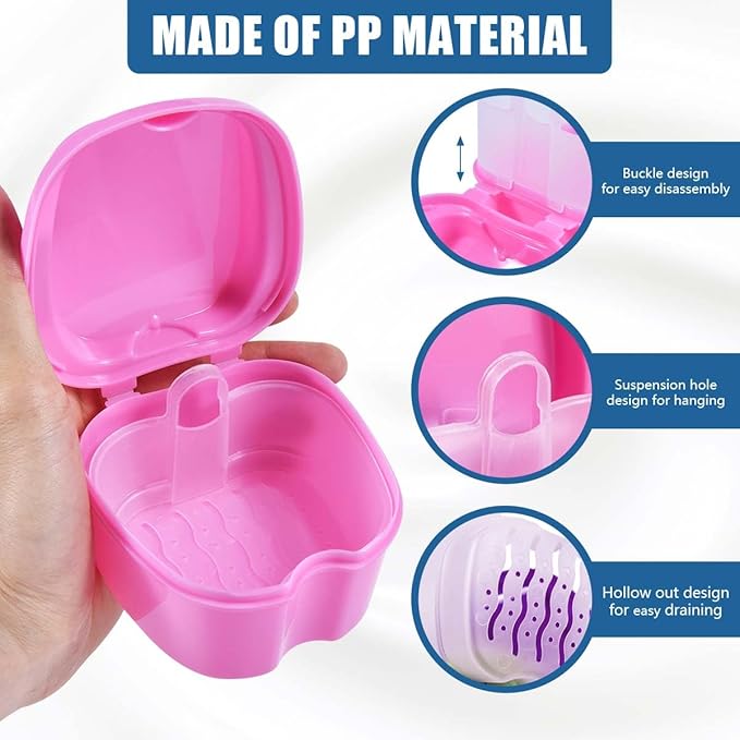 2 Pack Colors Denture Bath Case Cup Box Holder Storage Soak Container with Strainer Basket for Travel Cleaning (Pink and Purple)