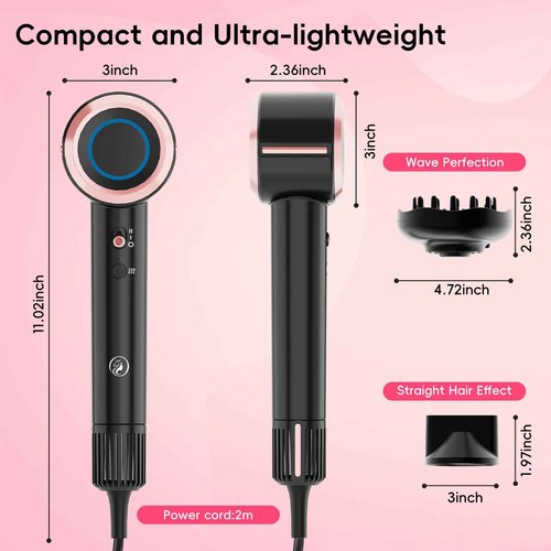 CINOSTAR Hair Dryer with Smart Cool and Hot Air Circulation, 1600W Brushless Motor,Magnetic Attachments 2 Nozzles, Fast Drying Ionic Technology, Frizz Free Hair Scalp Care,Black Gold