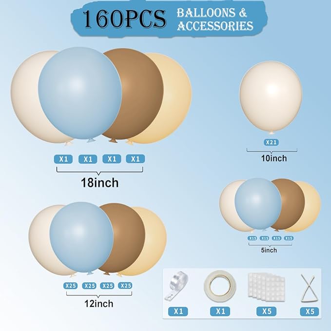 Dusty Blue Brown and White Balloon Arch Kit, 160Pcs Pastel Blue Coffee Brown White Sand Neutral Balloons Garland for Baby Shower Gender Reveal Wedding Birthday Party Decoration