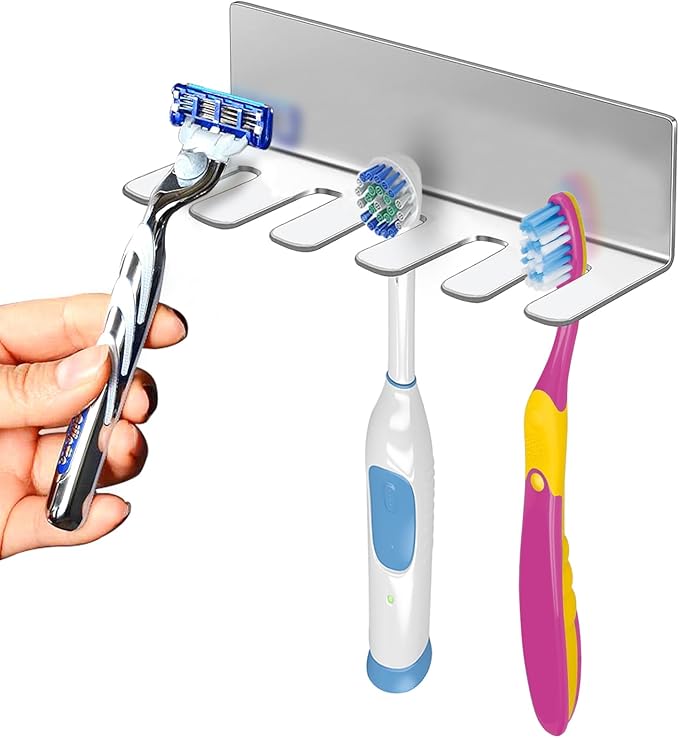 Wall Mounted Toothbrush Holder, Stainless Steel Toothbrush Holder with Self-Adhesive No Drilling Toothbrush Organizer, Bathroom Mounted Holder for Toothbrush Head, Washroom Razor Holder