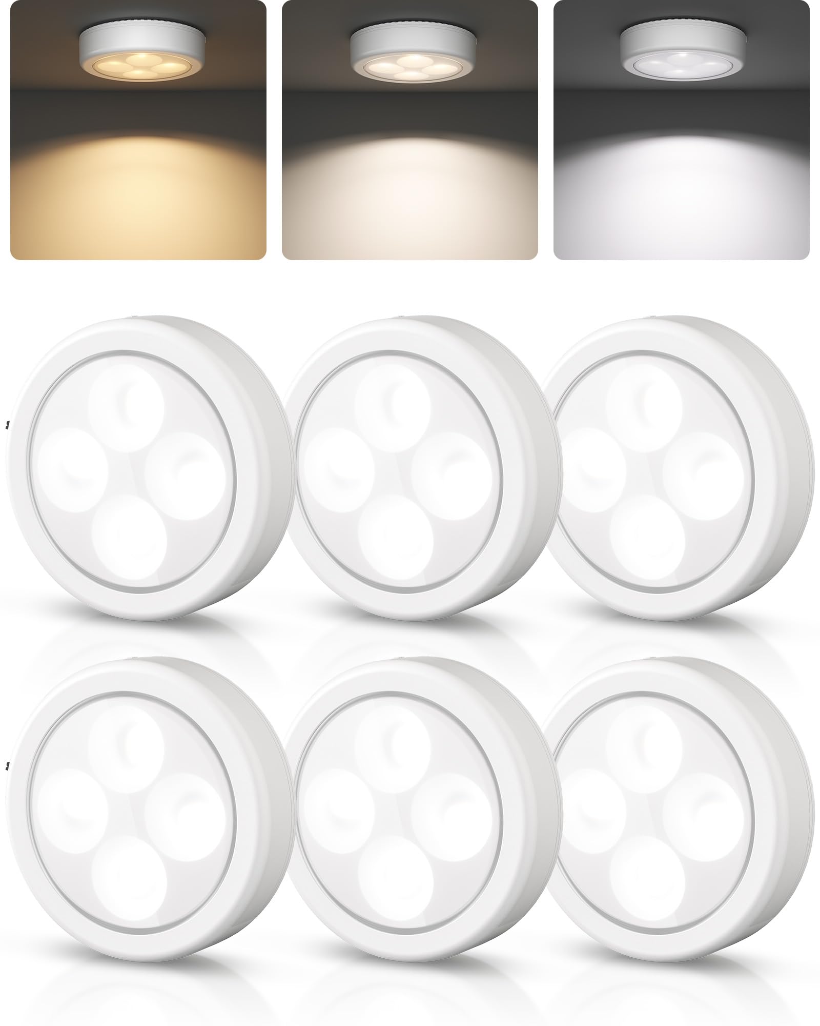 EZVALO LED Puck Lights, Rechargeable Stick On Tap Lights, Wireless Closet Light, 3 Color Temps, Under Cabinet Lights, 2.95'' Mini Touch Light, Ideal for Kitchen,Closet,Pantry,Shelves,Camper(6 Pack)