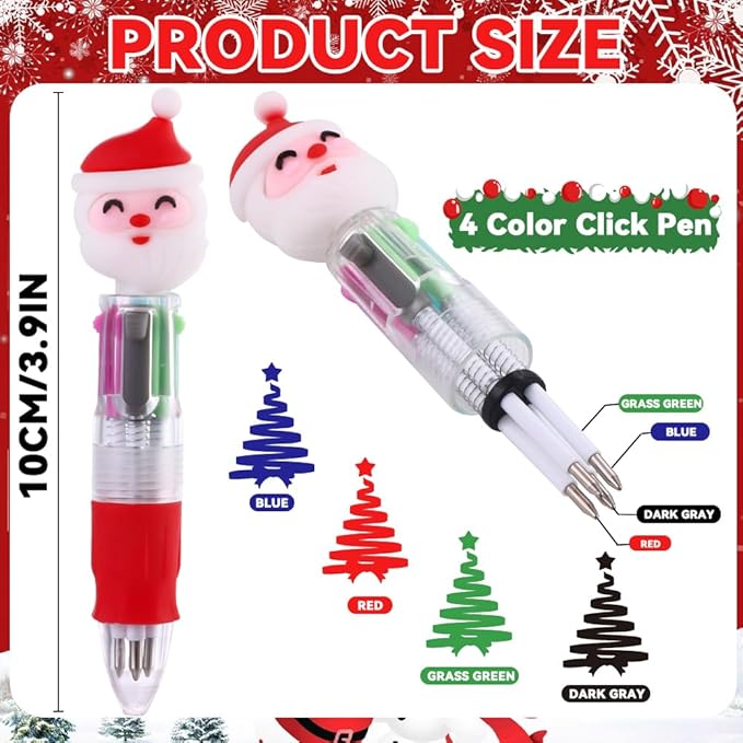 24PCS Christmas Multicolor Ballpoint Pens 4 Colors in 1, Retractable 0.7mm Cartoon Cute Fun Pens Santa Snowman Writing Pens for Holiday Party School Supplies Students Rewards