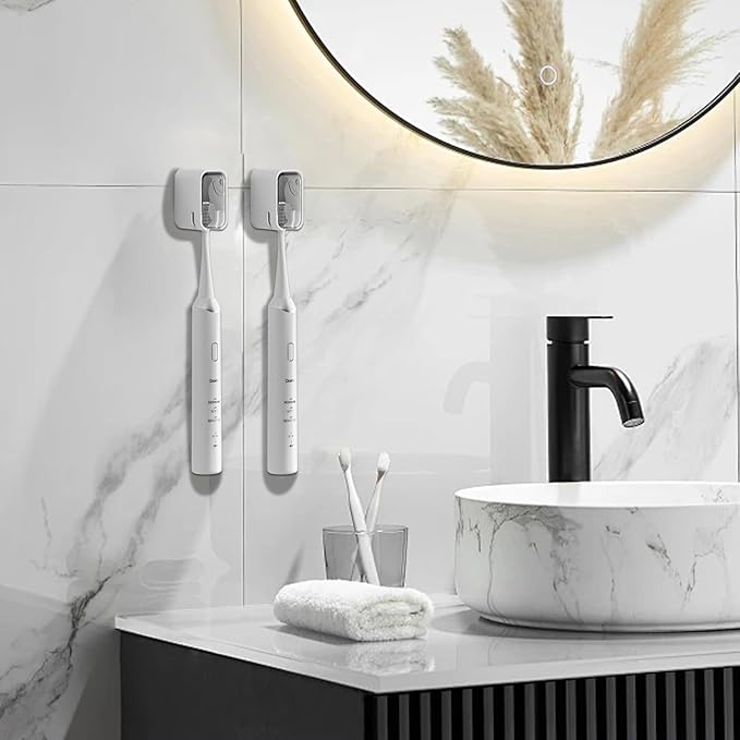 4 Pack Covered Toothbrush Holders, Adhesive Mount Wall Toothbrush Holder for Electric/Manual Toothbrushes, Grey