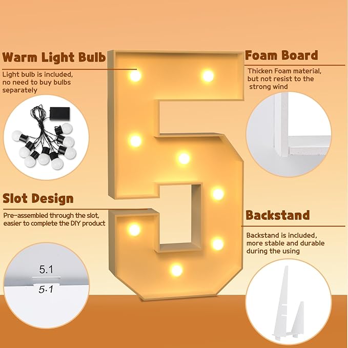imprsv 3FT Light Up Numbers, Marquee Numbers 5 for 15th 50th Birthday Decorations Anniversary Party Decor, Marquee Light up Letters, Pre-Cut Foam Board Kit