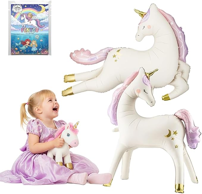 Giant Unicorn Balloon Pack (2pcs) – 45" Running and 38" Standing Unicorn Foil Balloon – Birthday Party Supplies, Backdrop Decorations
