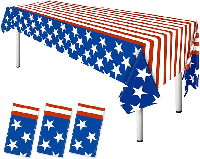 Esjay 4th of July Decorations, 3 Pack Fourth of July Tablecloth American Flag Plastic Table Cloth, Patriotic Party Supplies Red White Blue, Decorations for Memorial Day Veterans Outdoor Home(54"x72")