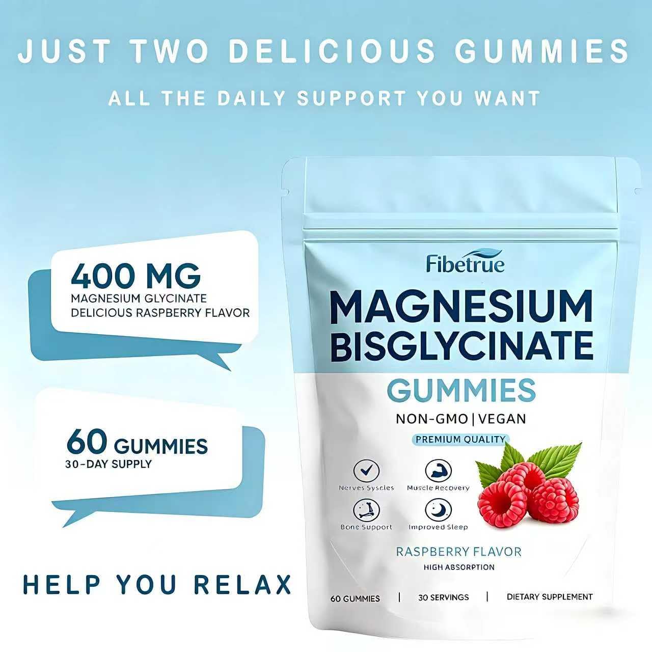 Magnesium Glycinate Gummies 400mg – High Absorption Chelated Magnesium for Sleep, Muscle & Nerve Support – Vegan Raspberry Flavor, 60 Gummies