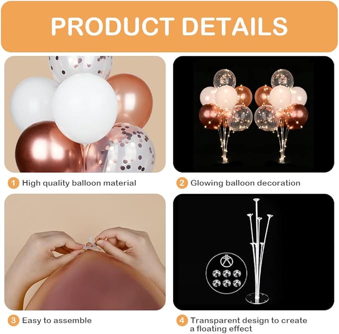 Ainiv 2 Set Table Balloon Stand Kit with Lights, Light Up Balloon Holder Include 16 Pink Latex Confetti Balloons, Wedding Party Decorations for Birthday, Graduation, Anniversary, Christmas