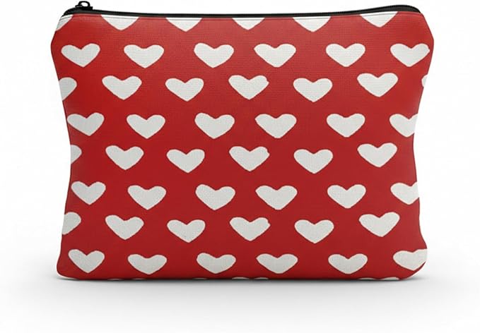 GRITOSE Valentine's Day Small Bag Red with Hearts designs Cosmetic Pouch with Zipper for Women Girls Romantic Valentines Gift Full Cover Work Toiletry Bags for Student Travel Accessories