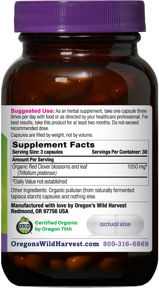 Oregon's Wild Harvest Red Clover Capsules, Non-GMO Organic Herbal Supplements, 90 Count,Organic Red Clover Blossoms and Leaf (Trifolium pratense), Non-GMO Vegan Capsules and Nothing Else