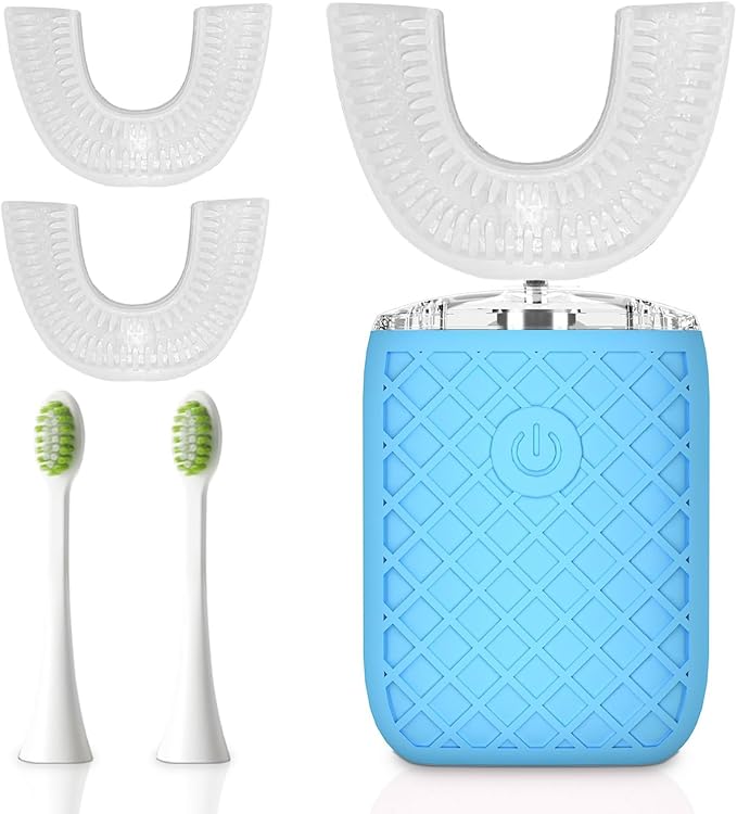 Adult Sonic Automatic Electric Toothbrush, 360° Oral Cleaning Stain Whitening, IPX7 Waterproof Rechargeable, u-Shape Brush Head*3+Straight Handle Brush Head*2, Suitable for Travel or Home Use (Blue)