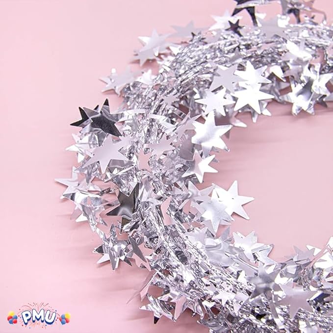 PMU 75 Ft Star Wire Shiny Garland Silver - Halloween, Christmas Party, Wedding, Birthday, Festive Home Decoration Ornament Silver (3pc-25Ft Each)