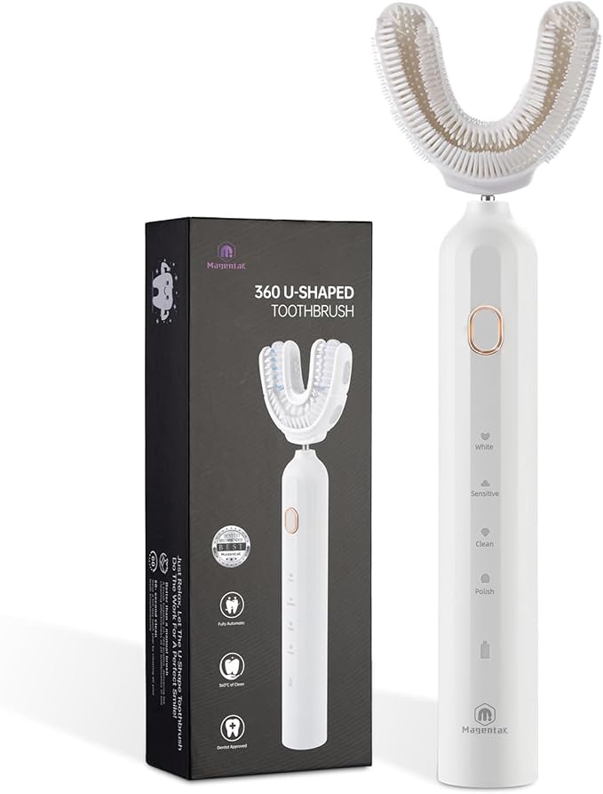 Ultrasonic U-Shaped Toothbrush for Adults, Electric Toothbrush for Teeth Whitening, Automatic 360-degree with Waterproof IPX7, 4 Modes for Cleaning(White)