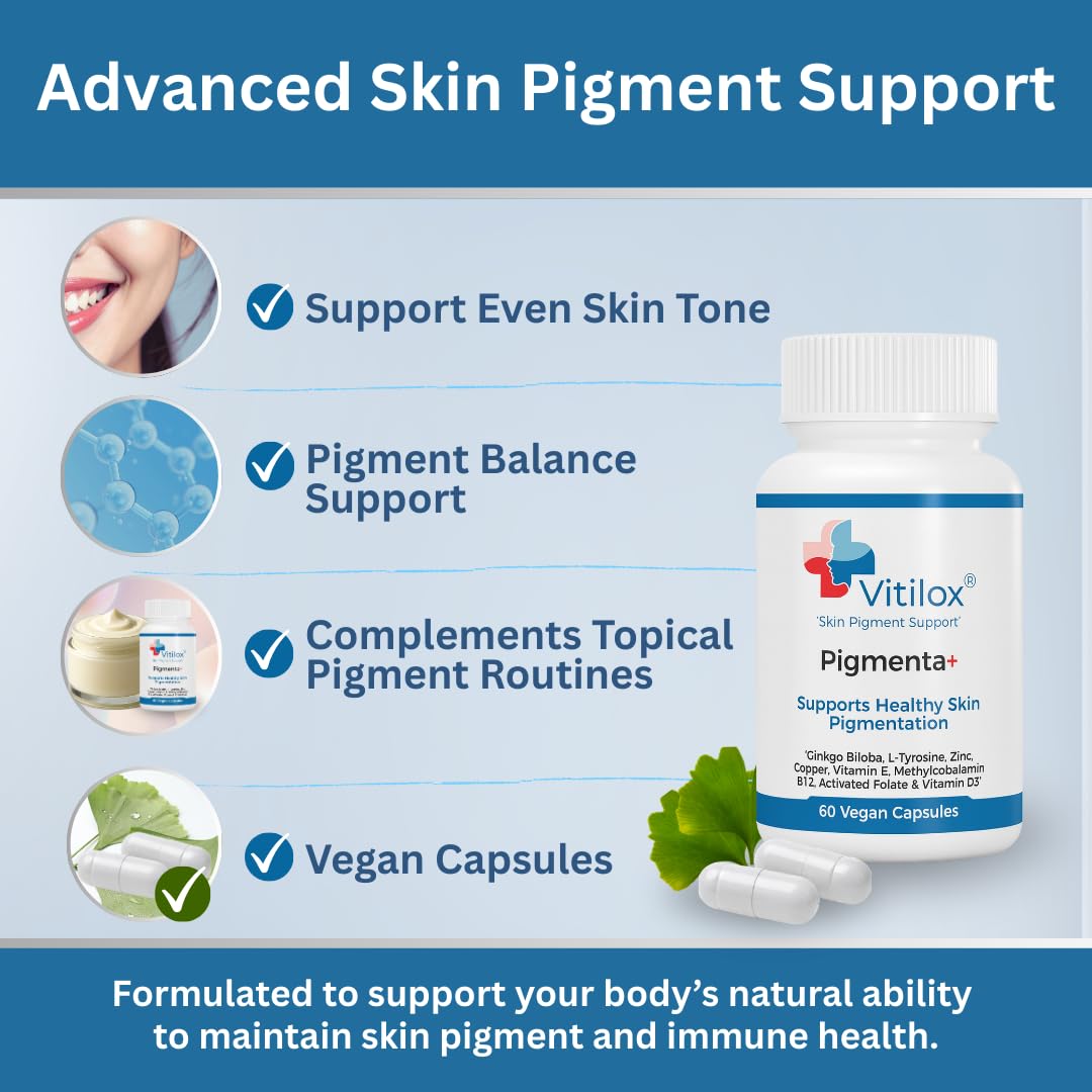 Vitilox Pigmenta+ Advanced, Skin Tone Support Supplement – 60 Tablets | 2 Months | Natural Vitiligo Skin Pigmentation Support | Reduce White Body Spots