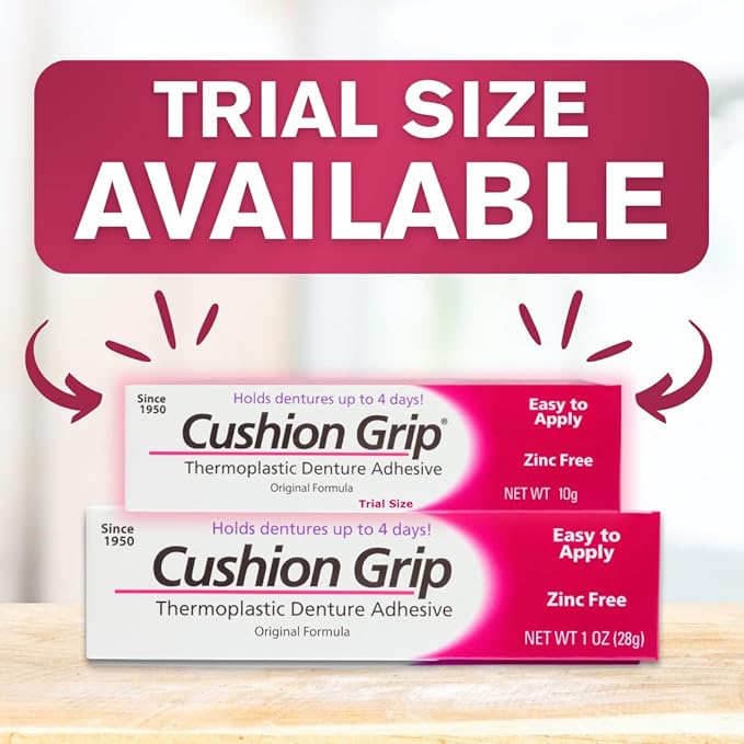 Cushion Grip Thermoplastic Denture Adhesive, 0.35 oz Travel Size (Pack of 5) – Refits and Tightens Loose Dentures for Up to 4 Days | Non-Glue, Zinc-Free, Waterproof Formula, Acts Like a Soft Reliner