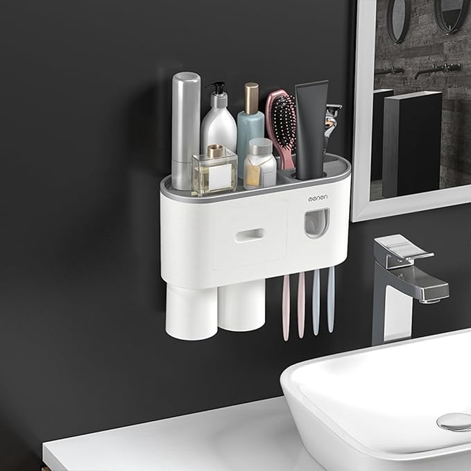 No-Drill Wall Mounted Toothbrush Holder, Bathroom Shelf, with Automatic Toothpaste Dispensers 4 Brush Hooks 2 Magnetic Cups 1 Cosmetic Drawer Organizer and Large Storage (1 Dispenser 2 Cups)