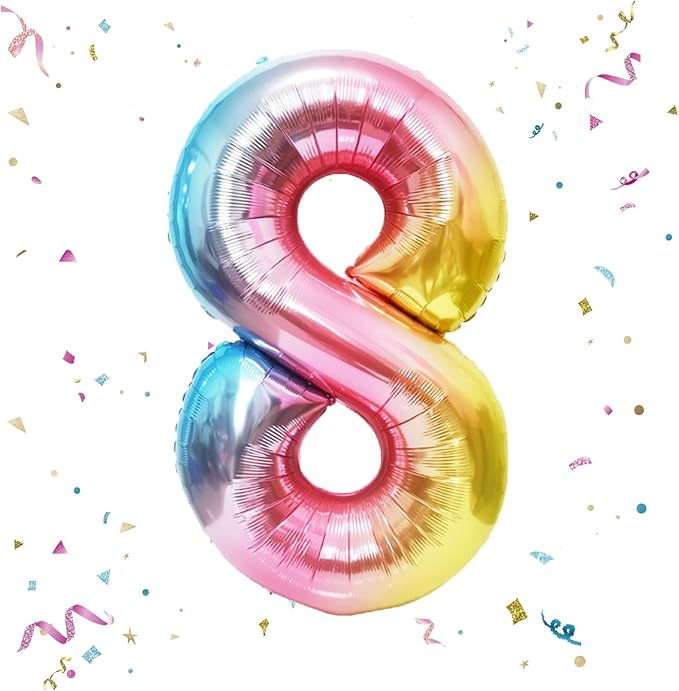 40 Inch Giant Rainbow Number 8 Balloons, Birthday Balloons, Helium Mylar Foil Big Number Balloons for Birthday Party Decorations, Kids' Birthday Anniversary Party Baby Shower Unicorn Parties
