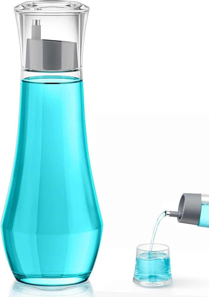 VITVITI Glass Mouthwash Dispenser for Bathroom, 8.8OZ Mouth Wash Container Bottle with Lid Cup, Small Clear Refillable Mouthwash Dispenser Decanter for Countertop, Gray