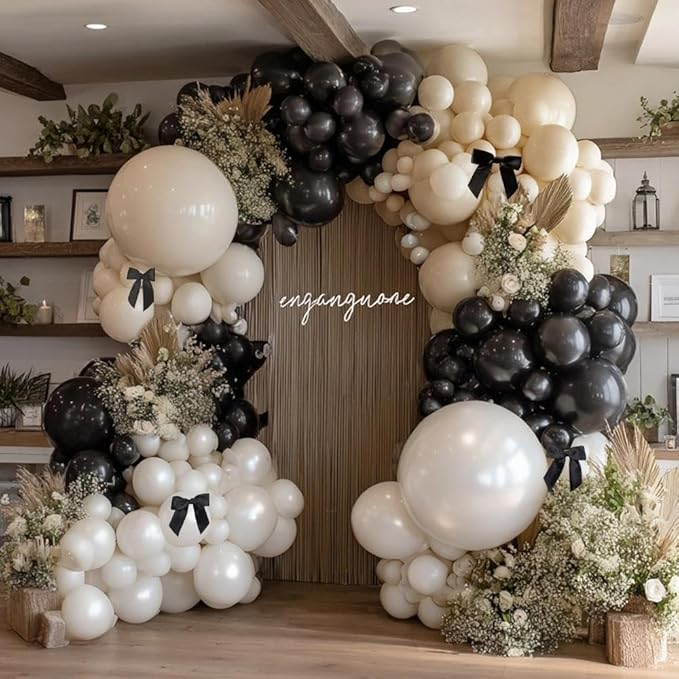 Black White Balloon Arch, Double Stuffed Pearl White Black Bow Balloon Garland Cream Ivory Sand Latex Balloons for Birthday Wedding Bridal Shower Engagement New Year Party Decorations