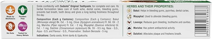 Sri Sri Tattva Sudanta Herbal Toothpaste for Oral Care Protection - Fluoride Free Ayurvedic Toothpaste to Strengthen Teeth and Gums Without Causing Sensitivity - All Natural (200g) Pack of 2