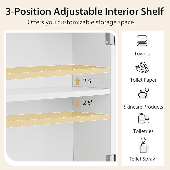 BestComfort Over The Toilet Storage Cabinet, Home Bathroom Space Saver Organizer Above Toilet, Double Doors and Adjustable Shelf, Wooden Freestanding Toilet Storage Rack Unit, 67 in H (White)