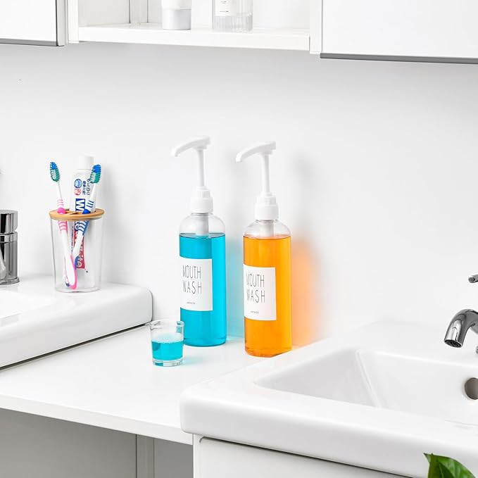 VITVITI Plastic Mouthwash Dispenser for Bathroom, 17 OZ Pump Mouth Wash Container Bottle with Cup, Clear Refillable Mouthwash Dispenser with Labels, Set of 2