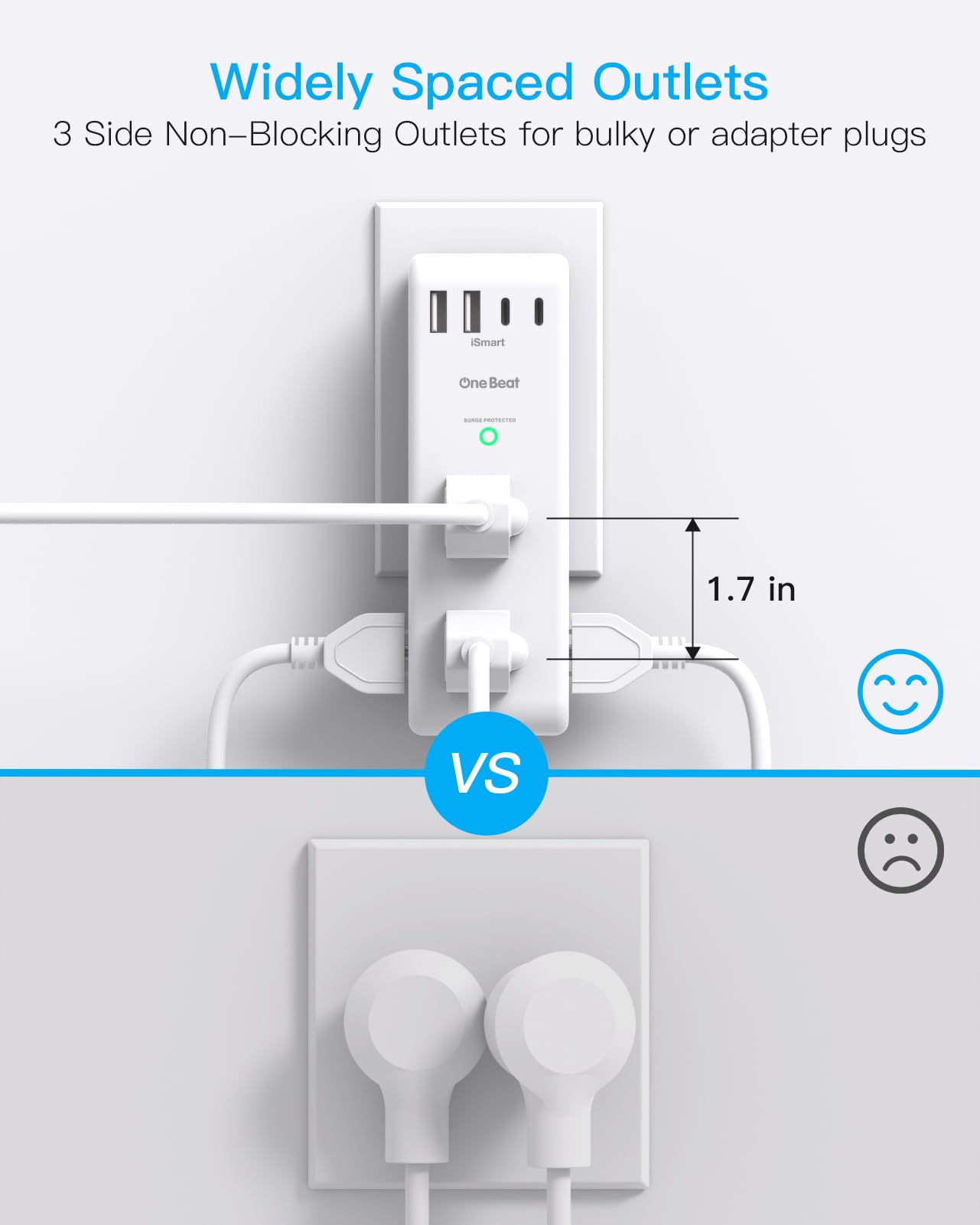 Surge Protector Outlet Extender with Rotating Plug, 6 AC Multi Plug Outlet with 4 USB Ports (3 USB C), 1800 J, 3-Sided Swivel Power Strip with Spaced Outlet Splitter for Dorm Office, White-2 Pack