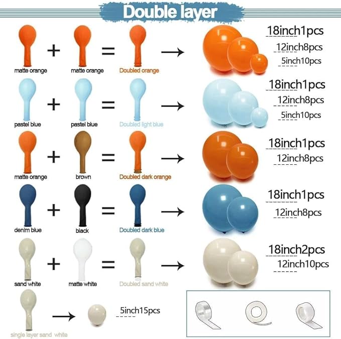 Blue White Balloon Arch Double Stuffed Latex Orange Dusty Blue Sand White Balloon Garland for Birthday Baby Shower Cow Boy Girl Sport Anniversary Party Decor