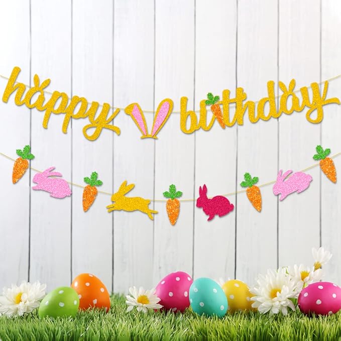Bunny Birthday Decorations, Easter Happy Birthday Banner, Happy Easter Decorations, Rabbit Theme Happy Birthday Banner for Children Girl 1st 2nd Bday Easter Spring Party Decor