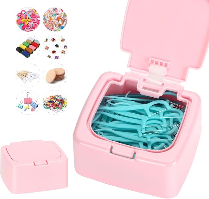 JGB Floss Pick Holder Container With One-Touch Opening, Quick Refill For Qtip, Cotton Swabs, Balls, Pads - Reusable Small Square Dispenser Box For Home, Hotel, Office Organizers and Storage - Pink