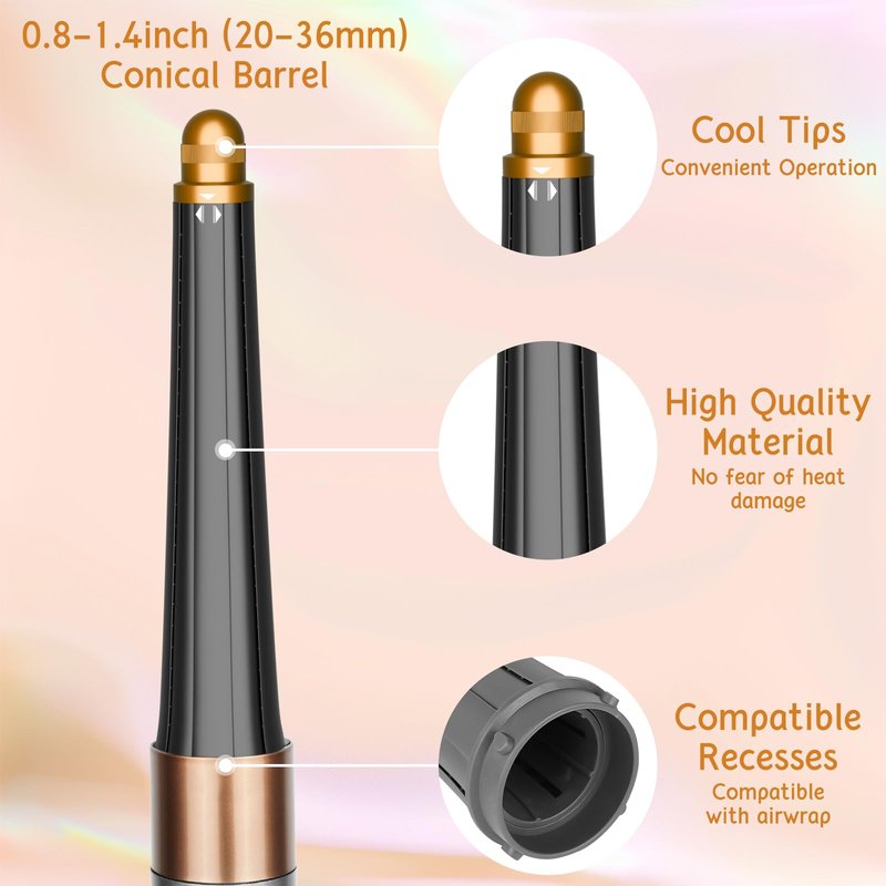 ZEPHBLOW Hair Long Conical Barrel for Dyson Airwrap, 0.78-1.4Inch/ 20-36mm Conical Long Curling Barrels Compatible with Airwrap HS01/05/08, Self-Curling Hair Roller Curlers Attachment, Gold