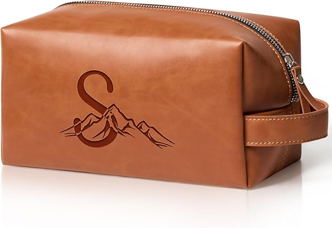 Personalized Gifts Travel Toiletry Bag for Men Engraved Initial PU Leather Waterproof Shaving Bag for Toiletries Accessories Fathers Day Birthday Gift for Men Dad Husband Son, Light Brown S