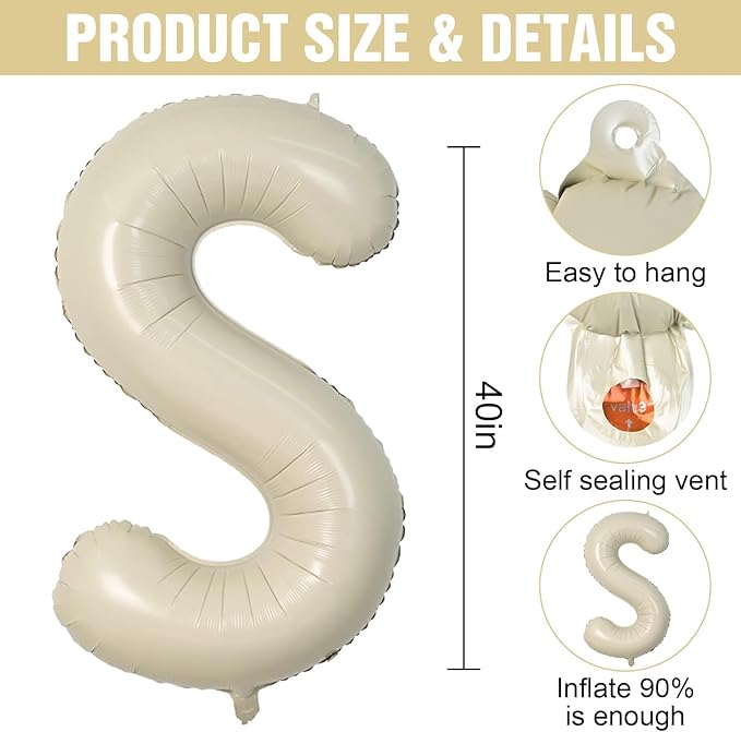Cream S Letter Balloons,40 Inch Letter S Balloon Beige,Helium Custom Letter Balloon for Birthday Anniversary Party Decorations
