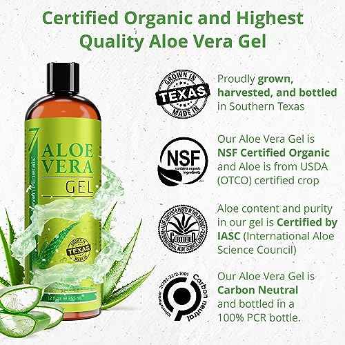 Seven Minerals Organic Aloe Vera Gel from freshly cut 100% Pure Aloe - Big 12oz - HighestQuality, Texas grown, Vegan, Unscented - For Face, Skin, Hair, Sunburn relief