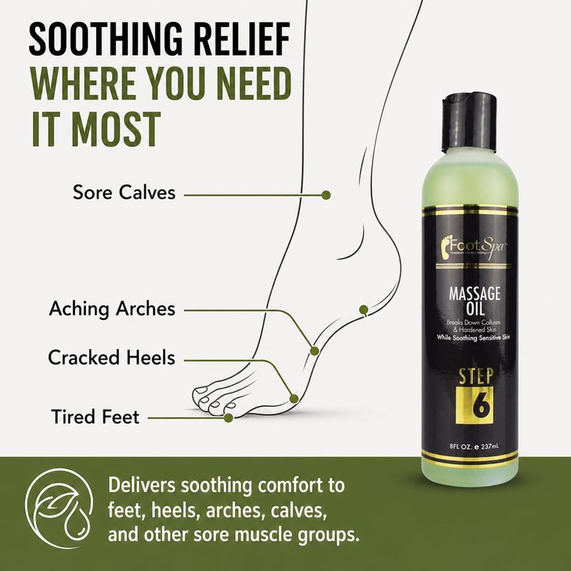 Foot SPA Pedicure Massage Oil – Tea Tree, Peppermint & Eucalyptus Blend for Callus Softening & Cracked Heel Repair | Cooling Relief | Professional Salon & At-Home Use | 8 oz
