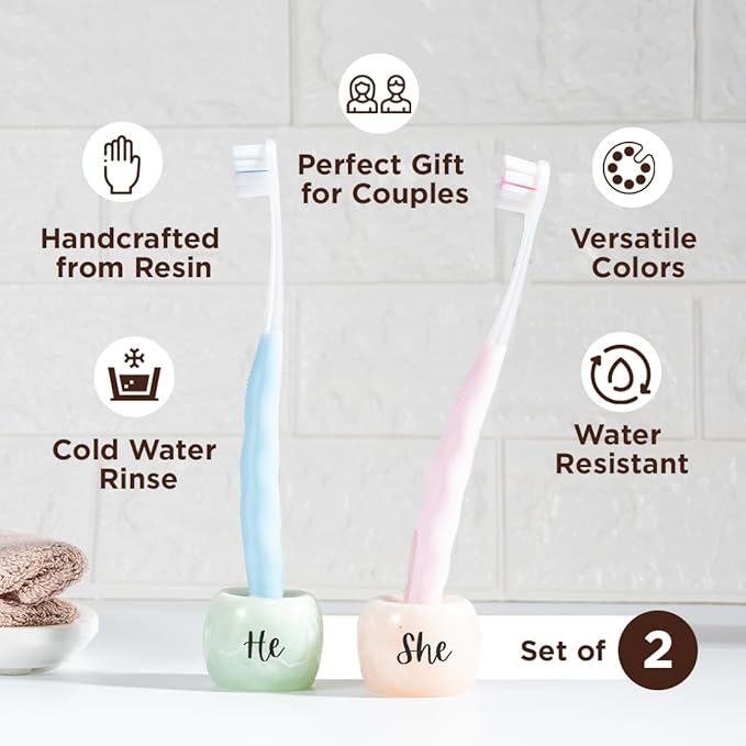 Folkulture Resin Toothbrush Holders | Set of 2 (2") Tooth Brush Holder for Bathrooms | Countertop Toothbrush Holders for Couples | Sage and Brown Brush Holder for Vanity