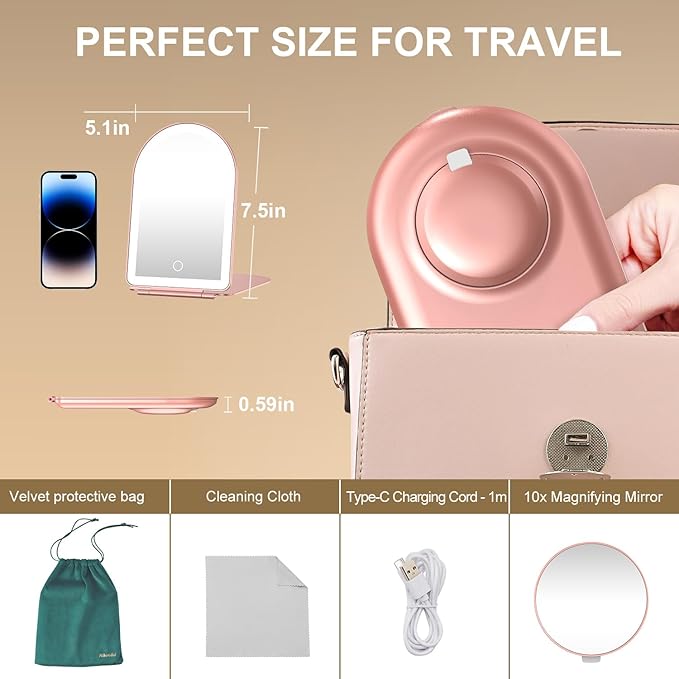 Mocado Travel Makeup Mirror with Light, 1x/10x Magnifying Mirror with Light, 3 Colors Lighted Magnifying Mirror, 2000mAh Rechargeable Lighted Makeup Mirror, Memory Function (Arched-Rose Gold)