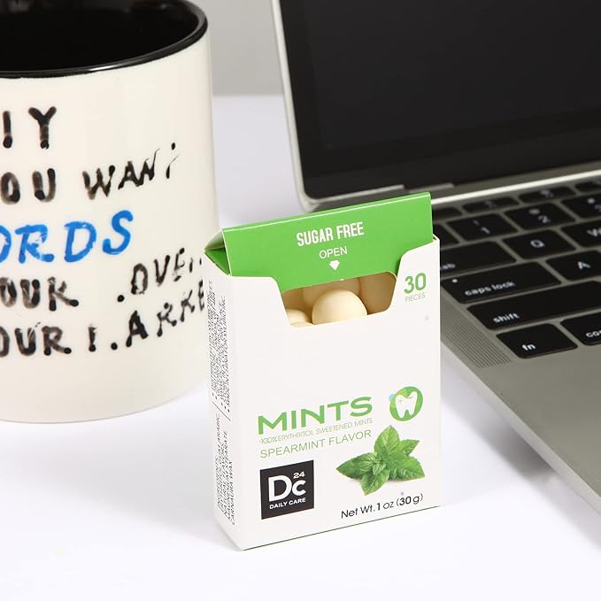 DC24 DAILY CARE 0-Calorie Breath Mints,100% Erythritol, Sugar Free, Natural Spearmint, Gluten Free, 30 Count, Pack of 4