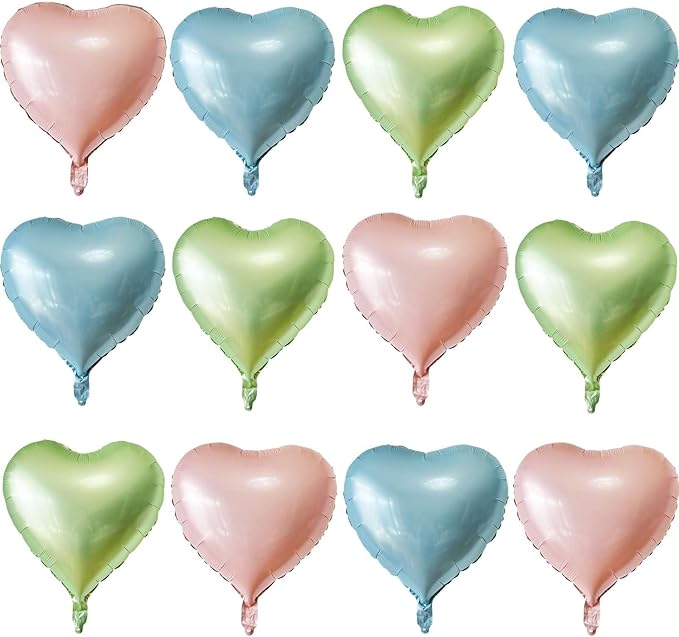 Lovoir 12 Pcs Pink Heart Shape Foil Mylar Balloons 18 Inch Love Balloons for Valentine's Day Birthday Party Decorations Wedding Engagement Romantic Decor (Baby Pink & Baby Blue & Olive)