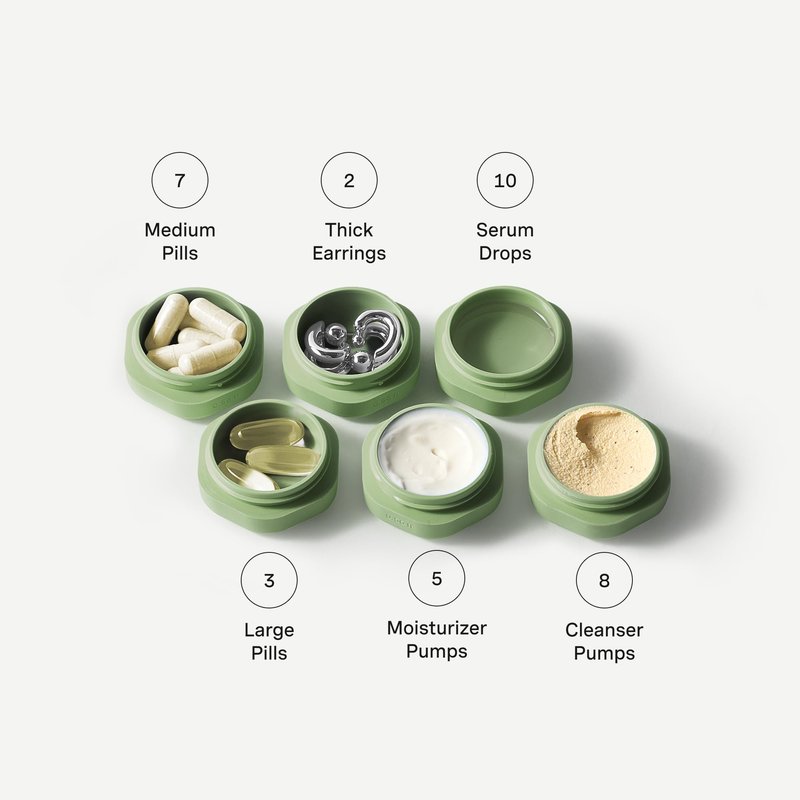 Cadence Travel Containers Basic Skincare Set - Magnetic Containers with Lids,Carry On Travel Essentials For Women/Men - 3 Small Capsules (0.56oz) - Cleanser, Moisturizer & Sun-Icon Labels - Evergreen