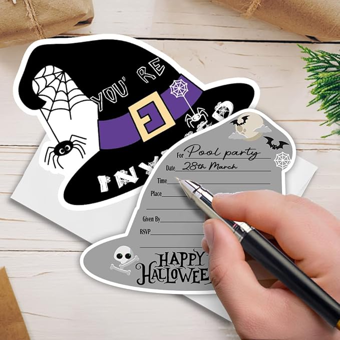 Haizct 15 Pack Halloween Hat Shaped Fill-In Invitations,Fall,Halloween,Monster,Costume Partyor Thanksgiving Party Invitation Cards with Envelopes For Kids or Adults Birthday(YXK049)