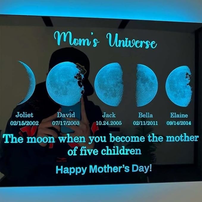 Mommy's Universe Light Up Mirror Personalized Led Name Mirror Color Changing Light Up Wall Mounted Name Neon Signs Moms Sky Moons Phase for Bedroom Decor