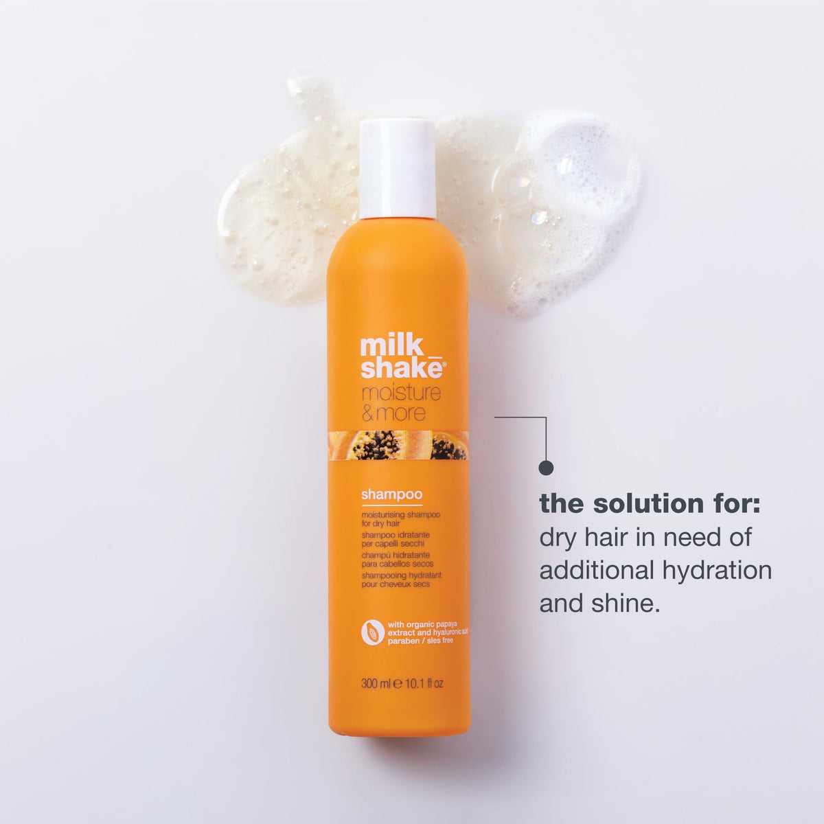 milk_shake moisture & more shampoo | daily hydration shampoo for smoother, healthier-looking hair | with milk proteins, fruit extracts & hyaluronic acid, 10.1 fl oz / 300 mL