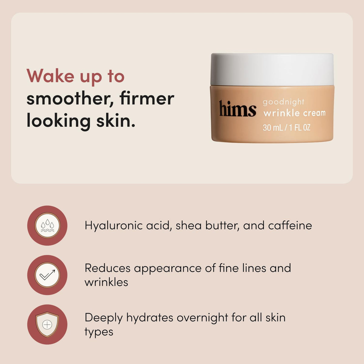 hims Goodnight Wrinkle Cream - Hyaluronic Acid & Shea Butter - Face Moisturizer for Fine Lines & Dry Skin - Deep Hydration Night Cream for Men - Non-Greasy, Paraben-Free & Vegan - 1 Fl Oz