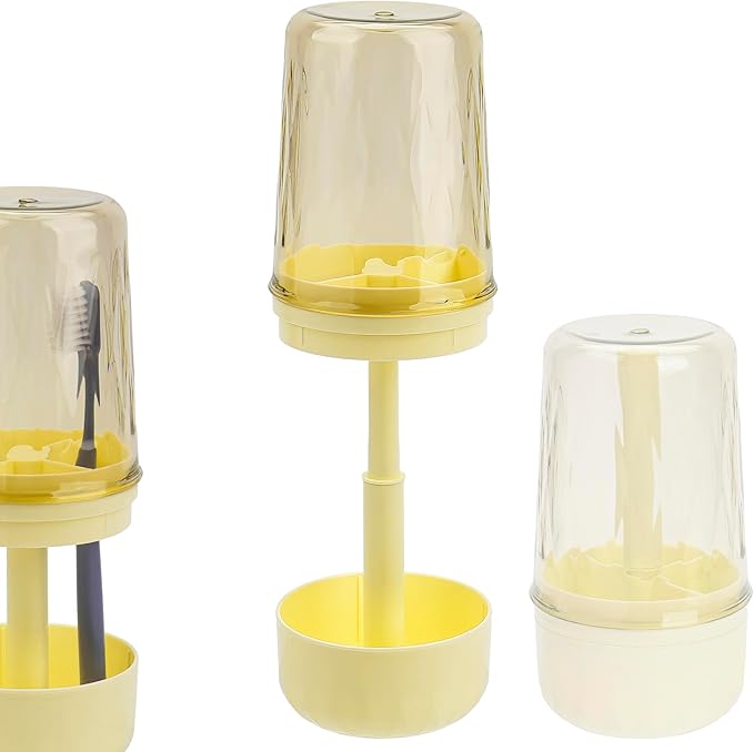 Toothbrush Holder Stand with Cup/Cover, Adjustable Height Toothbrush Organizer with 3 Slots, Portable for Bathroom, Travel, Camping (Yellow)