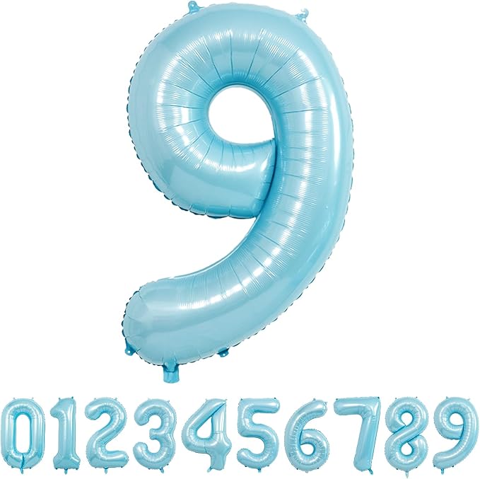 40 Inch Light Blue Number Balloons - Helium Mylar Foil Number 9 Balloon for Birthdays, Boy Baby Shower and Wedding Decorations