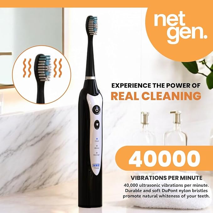 Sonic Electric Toothbrush for Adults with 5 Toothbrush Replacement Heads, 3 Brushing Modes & 2 Minutes Built-in Timer, Travel Toothbrushes with Inductive Charging, Rechargeable toothbrush | Black