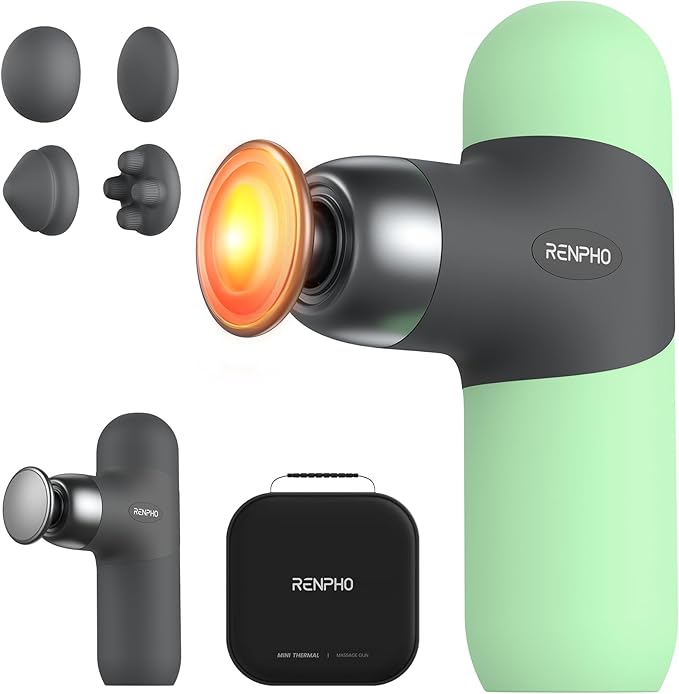 RENPHO Mini Thermal Massage Gun with Heat, Valentines Birthday Gifts for Women Men, Portable Deep Tissue Percussion Massager, Color Silicone Sleeves Travel Size with Carry Case, Spearmint