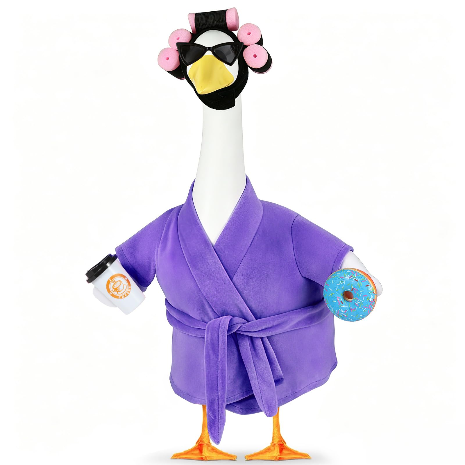 Porch Goose Outfits, Bathrobe Goose Outfit with Curlers Sunglasses Coffee Cup Donut, Hawaiian Beach Vacation Style Goose Clothes for 23'' Goose Statue, Lawn Yard Garden Patio Pool Party Decor (Purple)