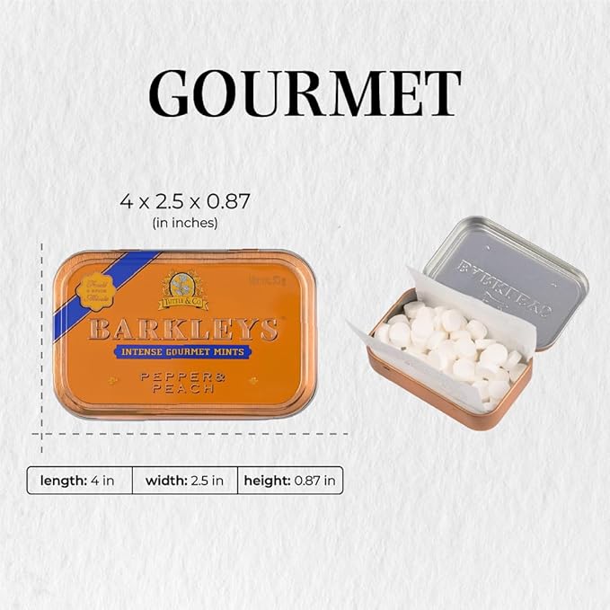 Barkleys Gourmet Pepper & Peach Breath Mints - Strong Pepper & Peach Flavor for Party, After Dinner, Wedding, Every Day Use-Vegan Mints In Reusable Classic Travel Tins, 1 Pack - 50 Count Each